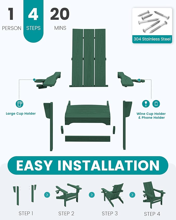 SERWALL Folding Adirondack Chair with Dual Cup Holders Set of 6, Modern Adirondack Chairs, HDPE All-Weather Fire Pit Chairs for Outdoor, Patio, Garden, Green