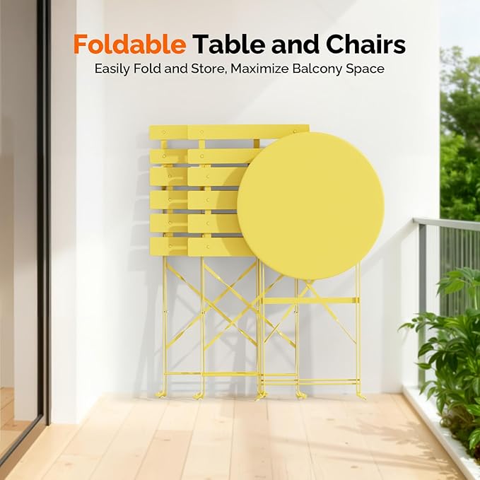 VINGLI Outdoor Folding Bistro Table and Chairs Set of 2, 3-Piece Bistro Set with Premium Steel Frame and Comfortable Cushions for Patio, Balcony, Garden, Porch, Yard, Yellow