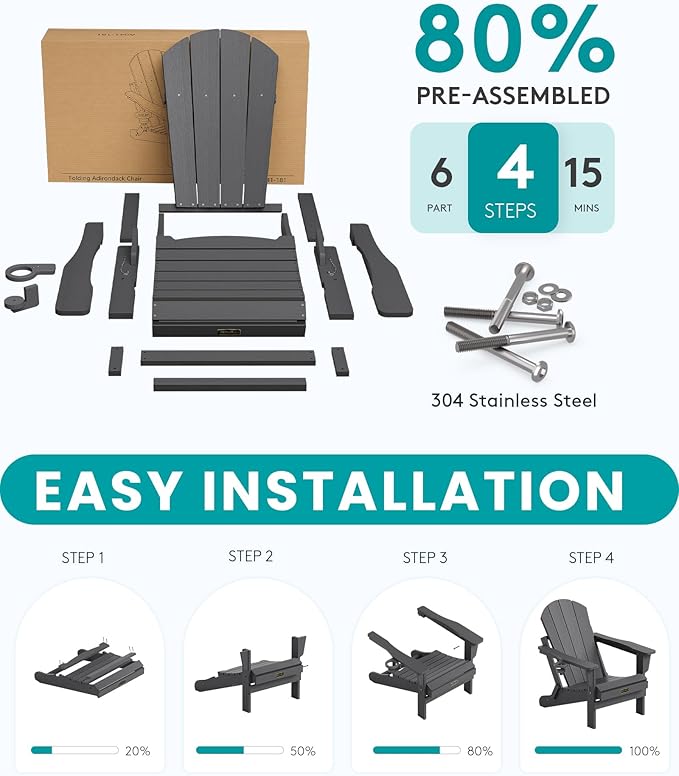 SERWALL Folding Adirondack Chair with Cup Holder Set of 4, Weather Resistant HIPS Patio Chairs, Wooden Textured, Fire Pit Chairs for Garden Outdoors Fire Pit - Gray
