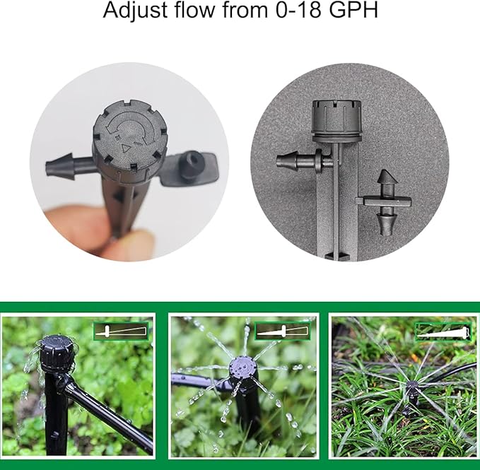 Topiverse 50 Pcs Drip Irrigation Emitters, Adjustable Flow 0-18 GPH Irrigation Drippers with Stake, 360 Degree Flow Sprinkler Head, Micro Sprinkler for Garden Patio Lawn Flower Bed