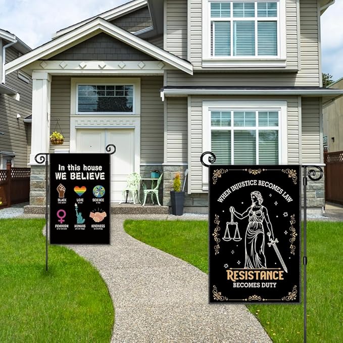 In This House We Believe Fight Against Unfairness With The Law Garden Flag, Double Sided Yard Outdoor Farmhouse Lawn Porch Banner, LGBTQ BLM Ally Empowerment Gifts for Woman Family Friend BFF