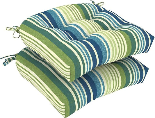 DYTXIII Set of 2 Outdoor Chair Cushions 19"x19"x4", Water Repellent Tufted Patio Seat Cushions with Ties, Thick Replacement Pads for Wicker Dining Chairs, Patio Furniture, Stripe Blue Green