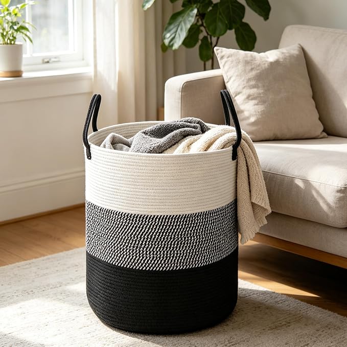70L Woven Laundry Basket,Large Clothes Hamper with Handles-Black