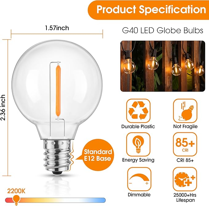 Mlambert G40 Replacement LED Light Bulbs, Waterproof Clear Globe Bulbs fits E12 Candelabra Bulb Base, 1W Equvalent to 5W Incandescent Bulb for Indoor Outdoor Patio String Lights, Amber Warm，25 Pack