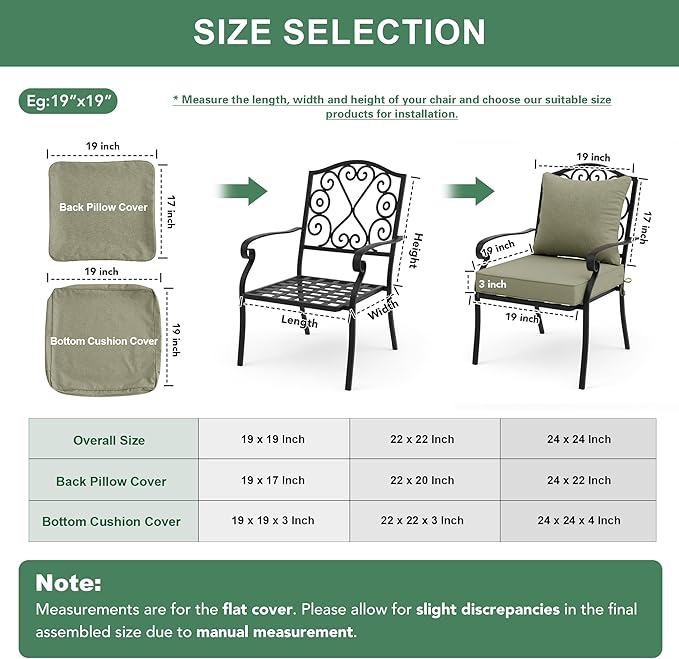 Summsun Water Resistant Outdoor Chair Cushions, Faux Linen Backrest and Seat Cushion Set with Ties, Removable Cover, Non-Slip Bottom for Patio Furniture, 19 x 19 Inch, Mocca Green, Set of 2