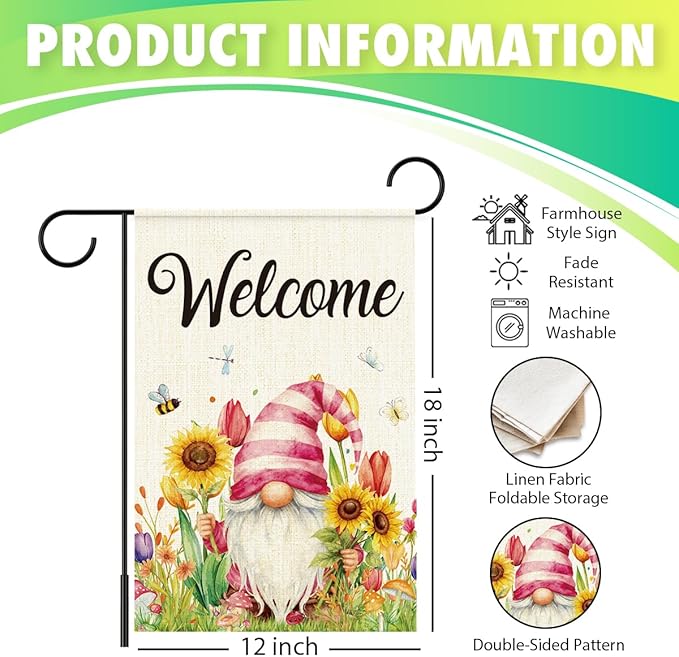 Welcome Flags for Outside,Spring Floral Gnome Garden Flag for Yard Patio Lawn Decoration,12x18 Inch Double Sided