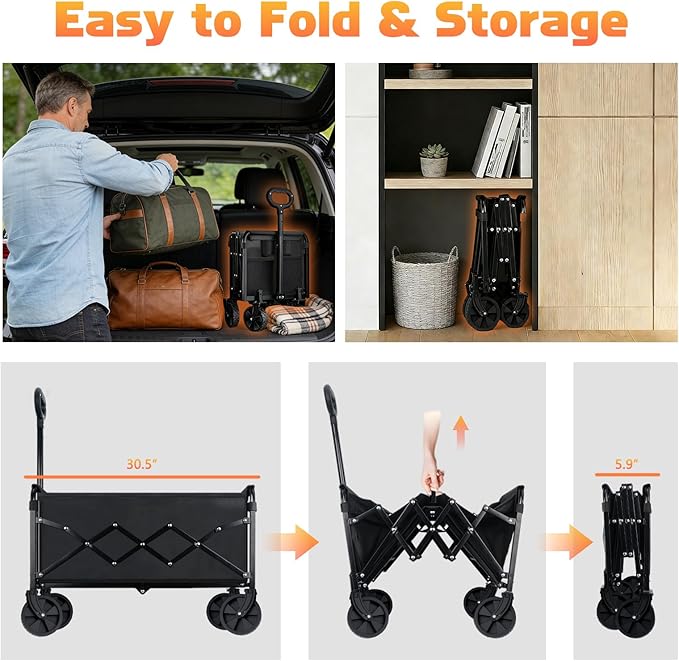Collapsible Foldable Wagon Cart with Wheels - 360LBS Heavy Duty Folding Wagon Carts, Portable Lightweight Utility Wagon with All-Terrain Wheels & 2 Cup Holders, Grocery/Beach/Sports/Shopping/Black