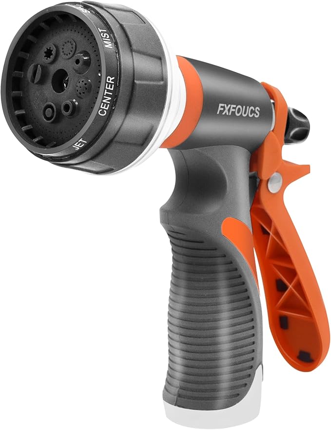 Garden Hose Nozzle Sprayer– this high heavy-duty spray nozzle offer 8 watering patterns for watering plants, lawns & gardens, washing cars, household (Grey Orange)