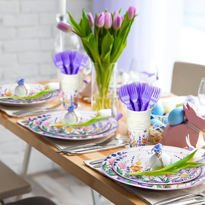 Mumufy 120 Pcs Spring Party Supplies Lavender Tulip Butterfly Floral Tableware Set Include 24 Disposable Paper Dinner Plates 24 Dessert Plate 24 Napkins 24 Cups 24 Forks for Spring Party Baby Shower