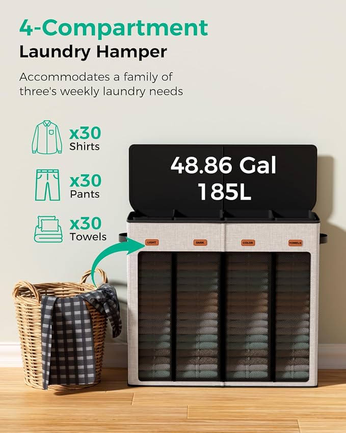 185L Laundry Hamper 4 Section with Lid & Removable Bags | Collapsible laundry basket organizer for laundry room, bedroom & dorm with 5 removable washing bags