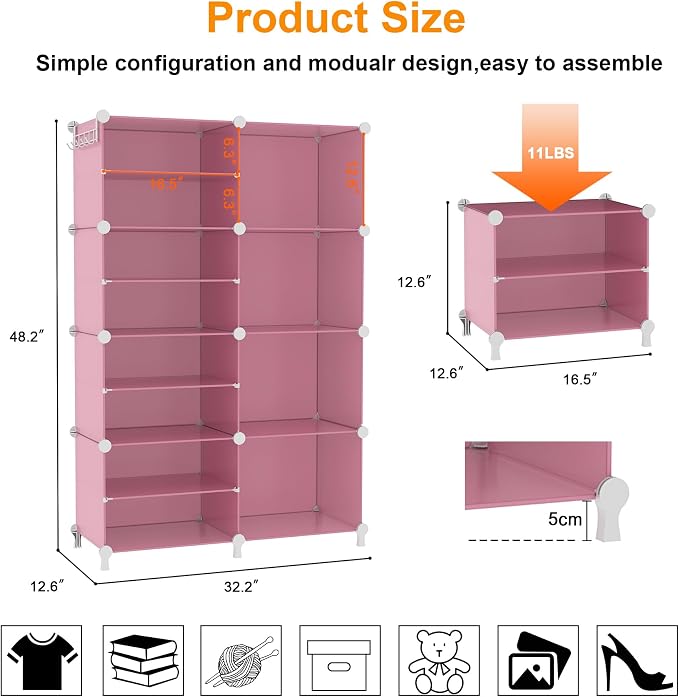 AWTATOS Closet Organizer 8 Cube Storage Shelves, Pink