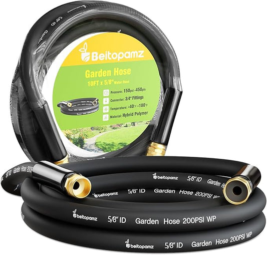 Beitopamz Short Garden Hose 10 ft x 5/8 in Male to Female Heavy Duty Small Water Hose Extender Connector, Lightweight Rubber Hybrid Leader Hose, Leak-Free Connections, 3/4'' Brass Fittings, Black