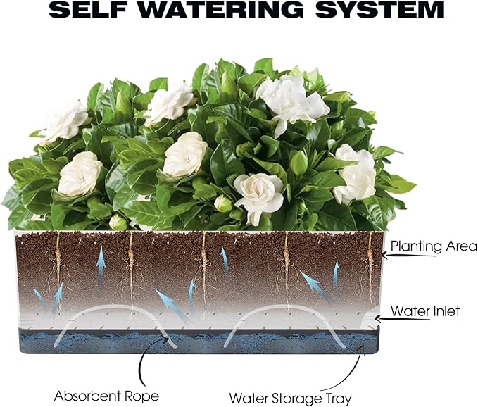 Self Watering Planters Pots for Indoor Plants, 2 Pack 17 Inch Plastic Planter Box Flower Pots for Indoor Outdoor Plants, Rectangle Herb Planter Window Boxes Planters with Drainage, Dark Gray Tray