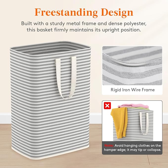 Lifewit 65L Collapsible Laundry Basket with Extended Handles, Grey | Foldable Laundry Hamper, Slim Dirty Clothes Basket, Waterproof, Freestanding Design for Bedroom, Bathroom, College Dorm