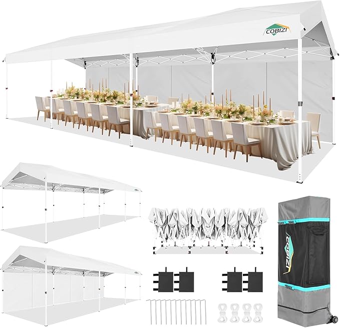 COBIZI Canopy Tent 10x30 Pop up Canopy with 3 Sidewalls Outdoor Party Tent Waterproof 2000mm+&UPF50+,Carpas para Fiestas 10x30 Pop up Gazebo Wedding Canopy with 4 Ropes&4 Sandbags,White
