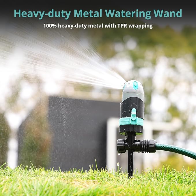 QUOBAS Sprinkler for Yard, 4 Spray Modes, 360° Adjustable Rotation, Heavy Duty Metal Spike with Built-in Filter, Water Diameter up to 50ft for Garden Plant, Flower Bed and Large Yard Area