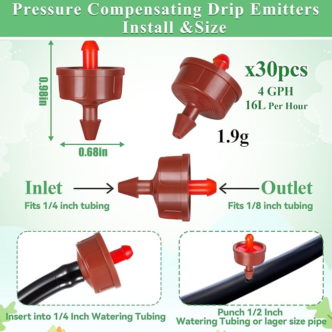 30Pcs 4 GPH Pressure Compensating Irrigation Drippers, Watering Spot GPH Dripper Drip Emitters Heads Constant Flow Outlet Heads for 1/4 Inch Irrigation Tubing for Garden Irrigation System