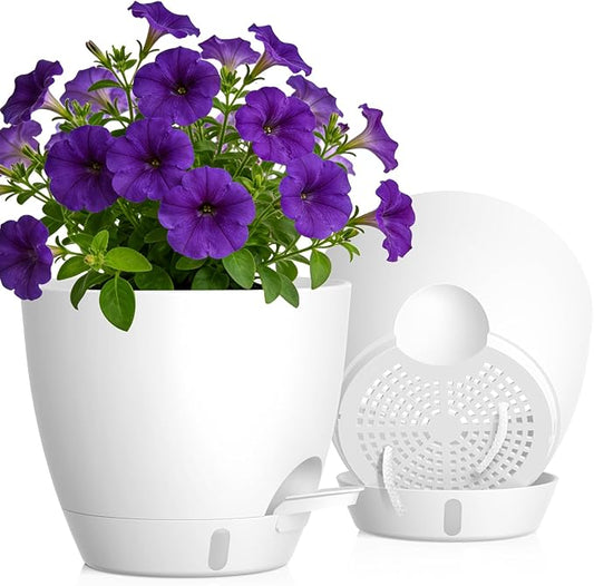 Self Watering Pots with Drainage Holes, 2 Pack 10 Inch Plant Pots with Water Level Indicator Deep Reservoir, Large Plastic Planter for Indoor Outdoor Plants - White