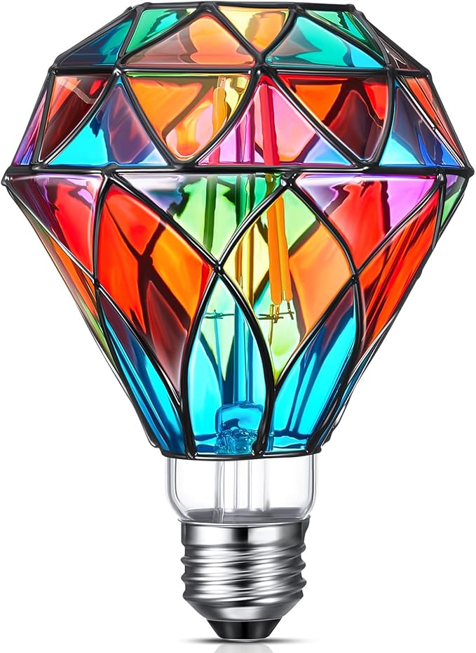 Baquler 1 Pcs Stained Glass LED Light Bulb Diamond Shape E26 Base A60 6 Watts G95 Shape Colorful Flickering Light Bulbs for Christmas, Home Balcony Garden Party Decoration (Retro)