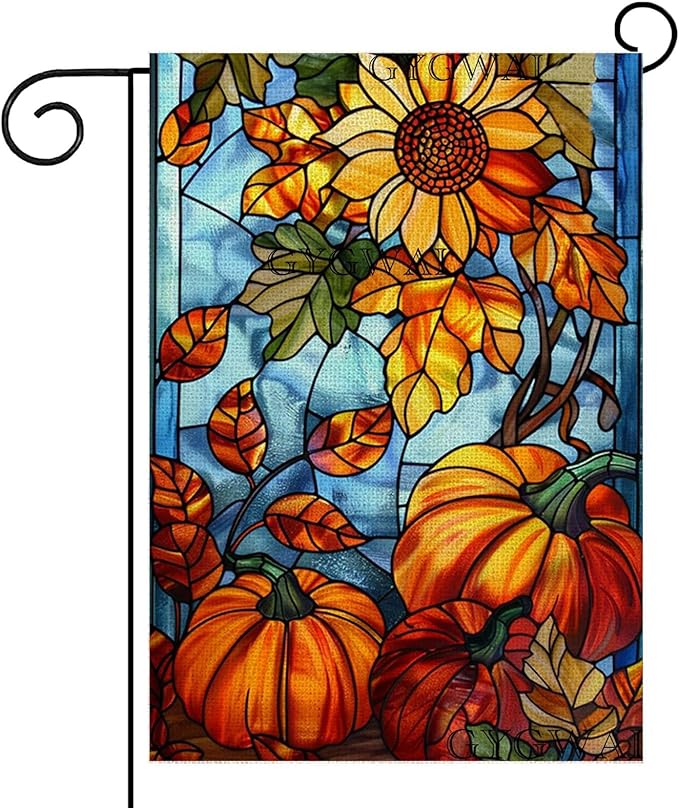 Fall Garden Flag 12x18 Inch Double Sided, Stained Glass Small Burlap Autumn Pumpkins Sunflowers Seasonal Yard Decoration for Outside