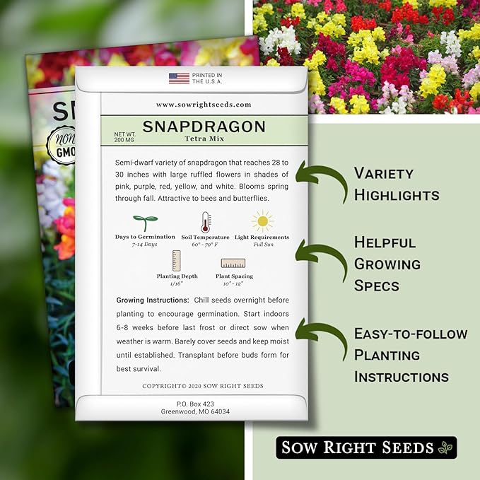 Sow Right Seeds - Tetra Mix Snapdragon Flower Seeds for Planting - Non-GMO Heirloom Packet with Instructions to Grow - Fragrant Annual Flower Spikes in a Mix of Colors - Half Tall for Front Beds (3)