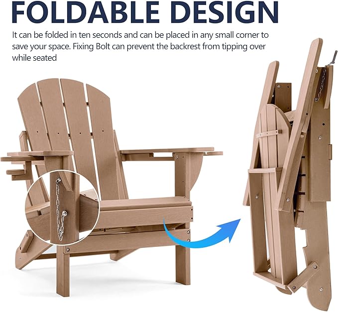 Folding Adirondack Chair, HDPE Outdoor Texture Lawn Chair with Reclining Back, Cup and Phone Holder - Comfortable Firepit Chair Weather Resistant for Patio or Backyard (Brown, Set of 2)