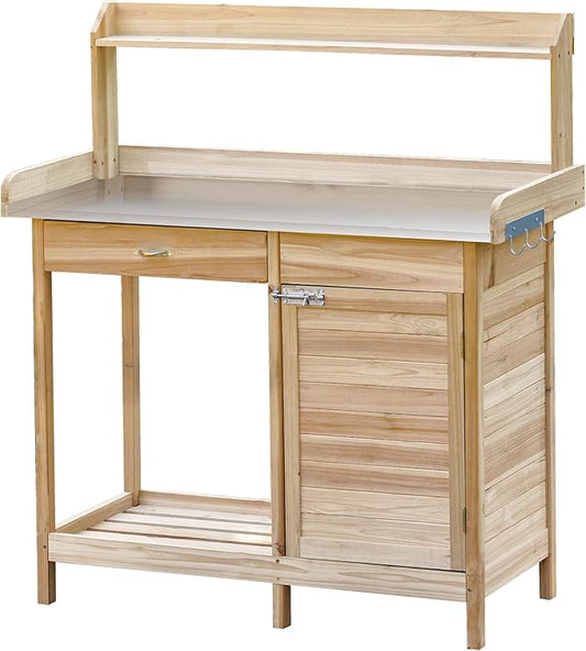 Outsunny Outdoor Potting Bench Table, Garden Work Station with Storage Cabinet, Open Shelf and Steel Tabletop, Natural