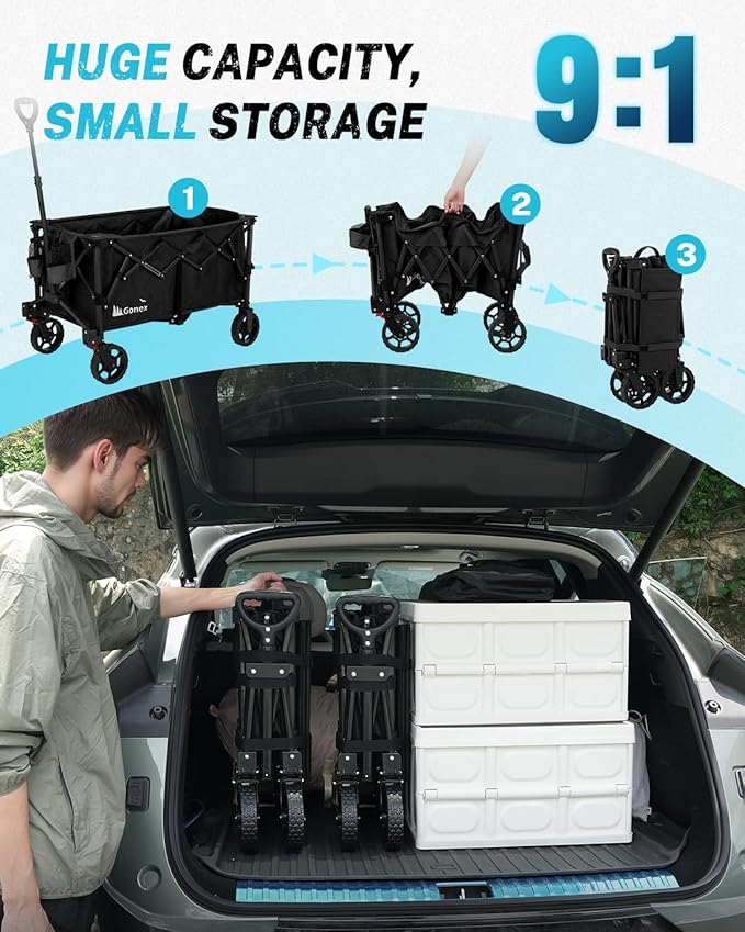 Gonex 220L Collapsible Foldable Wagon Cart with 360lbs Weight Capacity, 38''L Folding Utility Garden Cart with Detachable Wheels for Grocery Sports Shopping Camping - Black