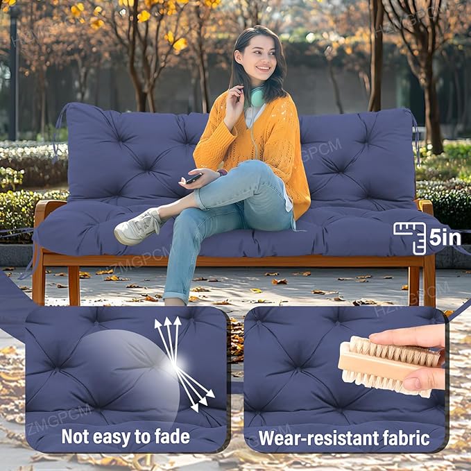 Premium 5" Thick Waterproof Outdoor Swing Cushions Sturdy Durable 2 Seat Replacement Porch Swing Cushions with Backrest&Ties Bench Cushion for Outdoor Furniture Backyard Patio (Navy Blue)