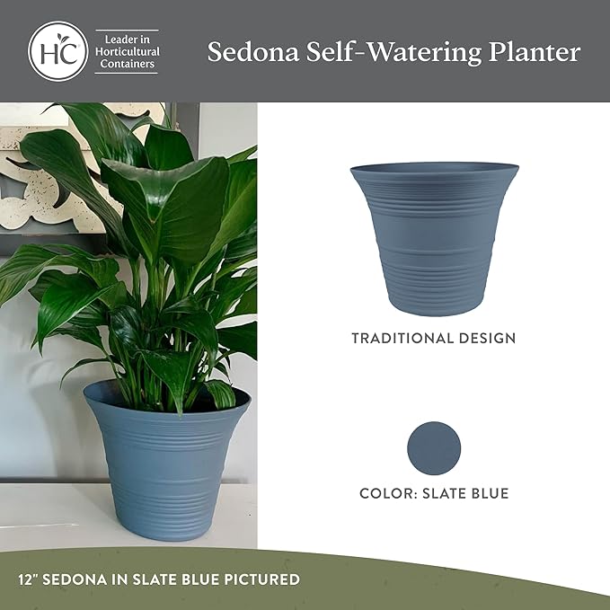 The HC Companies 19 Inch Sedona Round Self Watering Planter Pots, Lightweight UV-Resistant Plastic Indoor & Outdoor Planters, 2-Pack Flower Pots for Garden & Home Decor, Slate Blue