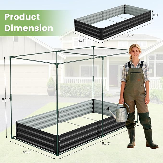 DoCred Crop Cage with Raised Garden Bed, 84.6" x 45.3" x 59" Plant Protection Tent Garden Cages with Window, 2 in 1 Galvanized Raised Garden Bed Kit and Mesh Cover for Garden, Yard, Lawn
