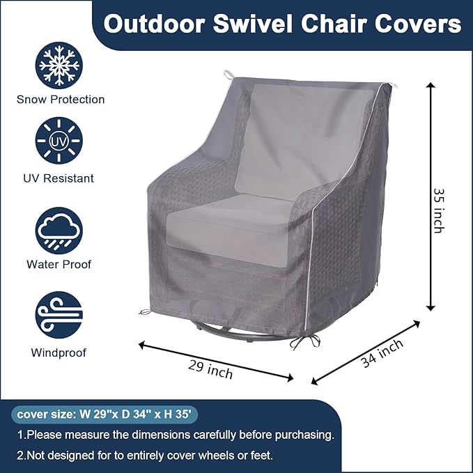 Outdoor Garden Furniture Chair Covers (29” W x 34” D x 35” H) Patio Rocking Chair Covers, Outdoor Swivel Chair Cover, with White Pull Tabs for Easy Use and Storage (2 Pack, Grey)