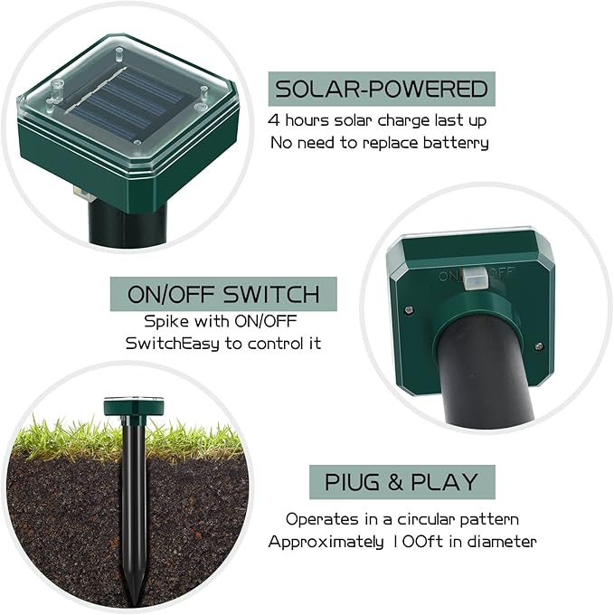 Mole Repellent for Lawns Solar Powered Mole Repeller Ultrasonic Gopher Repellent Waterproof Outdoor Snake Stakes Spikes for Yard Garden Gophers Groundhogs Voles Rodent (12, Small)