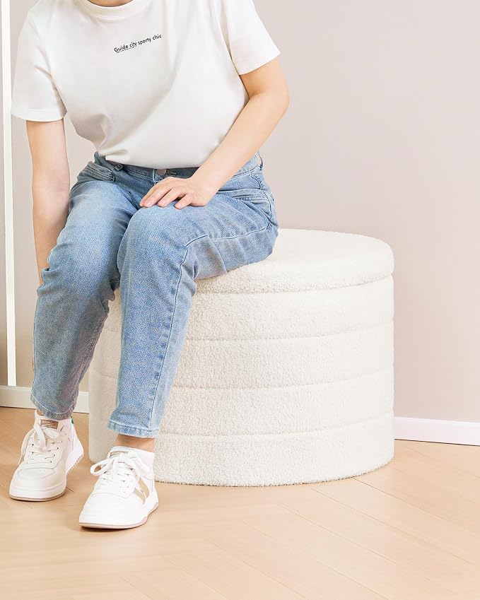 B FSOBEIIALEO Folding Storage Ottoman, Round Sherpa Ottomans, Cream White