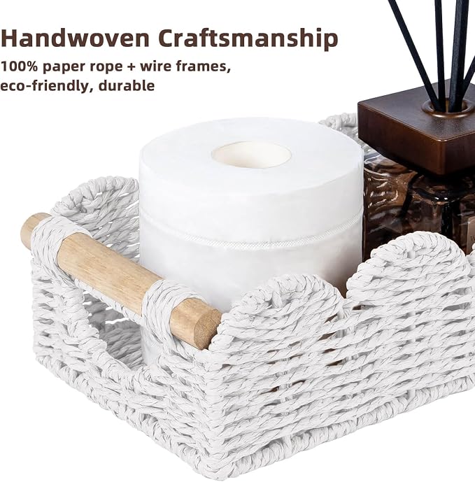 CubesLand Bathroom Basket Organizer, Toilet Tank Basket W/Cut Out Handle | Wicker Toilet Paper Storage Basket Tray, Scalloped Basket for Bathroom Countertop Decorative Also for Home Decor, White