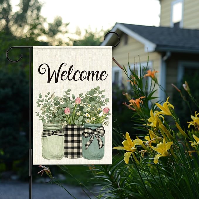 Welcome Flags for Outside,Spring Eucalyptus Buffalo Plaid Garden Flag for Yard Patio Lawn Decoration,12x18 Inch Double Sided