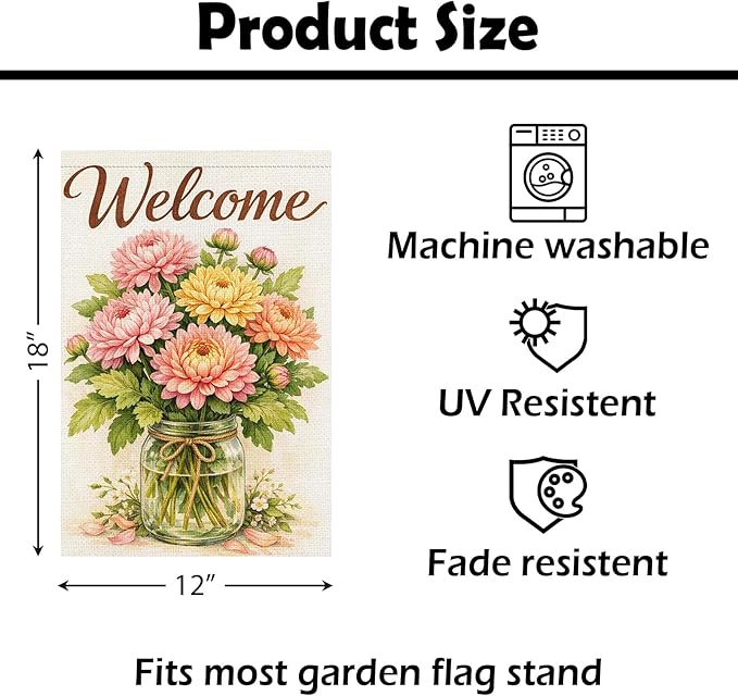 Heyfibro Spring Garden Flag 12x18 Inch Double Sided Chrysanthemum Garden Flag Small Yard Flags for Outside House Farmhouse Seasonal Spring Outdoor Decorations