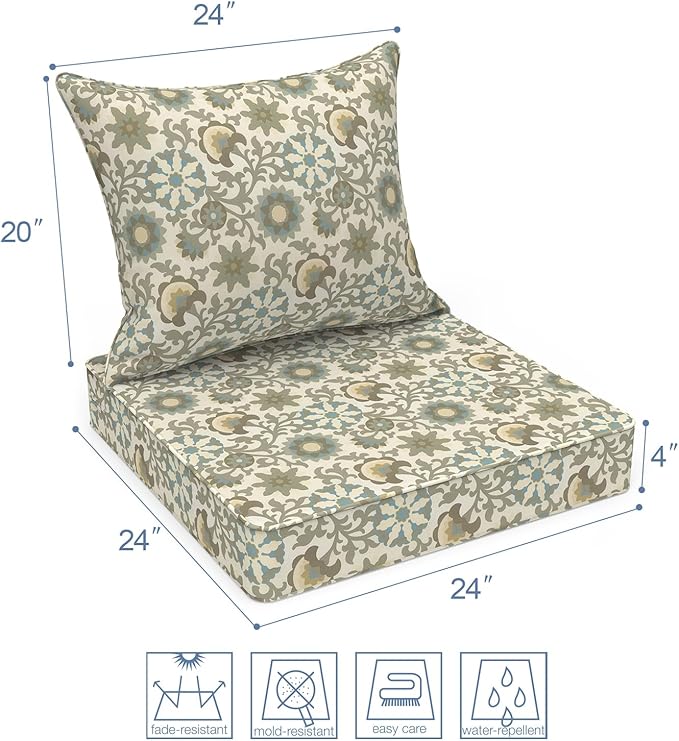 LVTXIII Outdoor Deep Seat Cushion Patio Seat and Back Cushion Set Seasonal Chair Cushion for Dining Arm Chairs, Wicker Chairs and Garden Furniture Decoration, 22"x22"x4", Floral Symphony