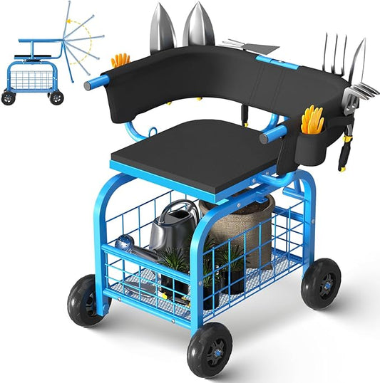 Suntee Garden Seat with Wheels, Rolling Gardening Stool with 360° Swivel Seat & Backrest,Tool Storage Basket & Back Tool Pouch, Adjustable Handle, Outdoor Gardening Scooter, Garden Cart for Seniors