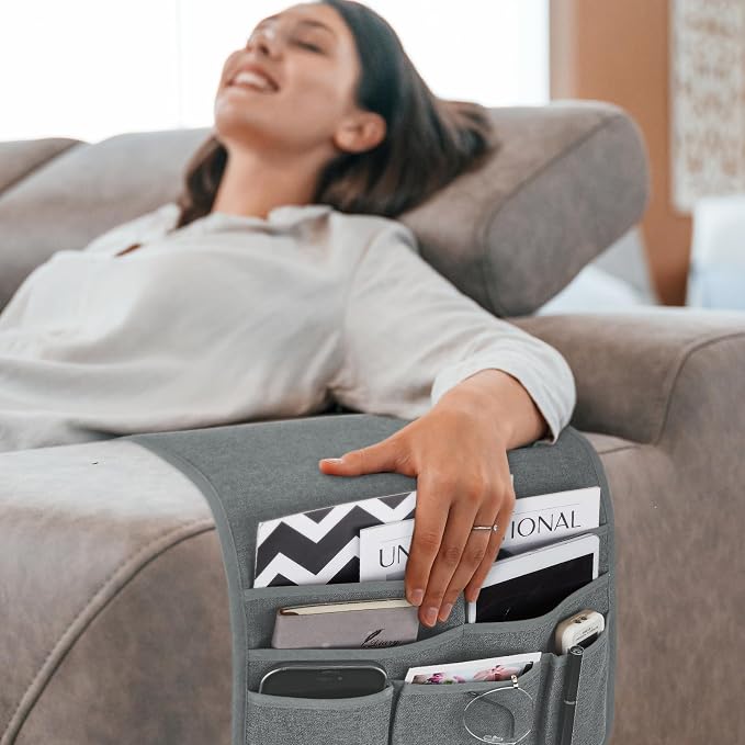 Teniux Remote Control Holder GRS Certified Armchair Caddy for Recliner Couch, Recycled Material Non-Slip Armrest Organizer with 5 Pockets for Magazine, Tablet, Phone, iPad (Silver Grey)