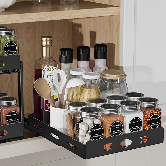 BOIVSHI Pull Out Spice Rack for Cabinet, 1 Tier, 8.4" Wx10.5 Dx2.8 H | Heavy Duty Metal Spice Rack Organizer for Pantry, Vertical Design Saves Space Inside the Cabinets, Black