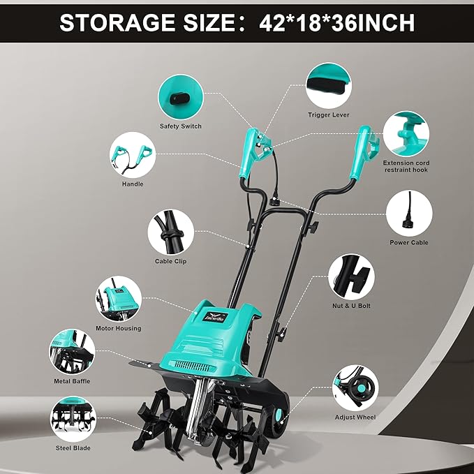 IncwBo Tiller Cultivator 17 inch 15 Amp 6 Steel Tines Tillers for Gardening Electric Rototiller for Garden Yard