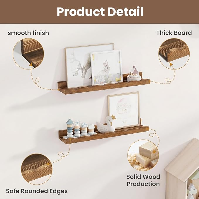 Fun Memories Picture Ledge Shelf for Wall, 24 inch Pine Wood Nursery Book Shelves Set of 2- Wall Book Shelves for Kids Room, Home Decor - Kitchen Spice-Carbonized