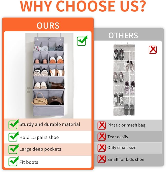 1 Pack Over the Door Shoe Organizers, Hanging Organizers with Large Pockets | with Large Deep Pocket Shoe Holder for Closet Shoes Rack for Wall, Over Door Shoe Storage Hold up to 18 Pairs Shoes, Beige