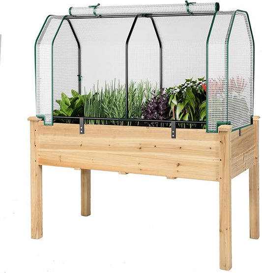 S AFSTAR Raised Garden Bed with Greenhouse Cover, Elevated Wooden Planter Box, 47”L x 24”W x 30”H, Outdoor Gardening Planting Bed for Vegetables Flowers & Herbs Grow Backyard Patio Lawn