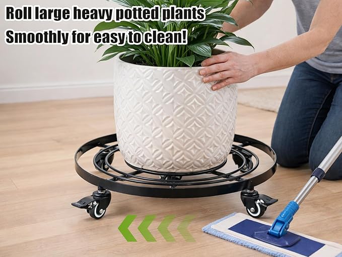 Planterhoma 2 Packs Extra-large 16 Inch Metal Plant Caddy Plant Dolly with Wheels Heavy-Duty Wrought Iron Rolling Plant Stand with Casters for Indoor and Outdoor Plant Pot Rollers Black
