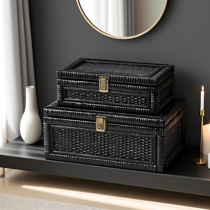 Rattan Box with Lid Decorative Natural Handmade Boho Baskets
