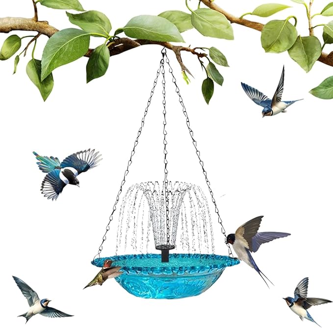 2026 New Solar Cascade Hanging Bird Bath Fountain, Metal Solar Powered Birdbath with Water Pump for Outdoor Garden Decor, Humming Birds Baths Fountains (Blue)