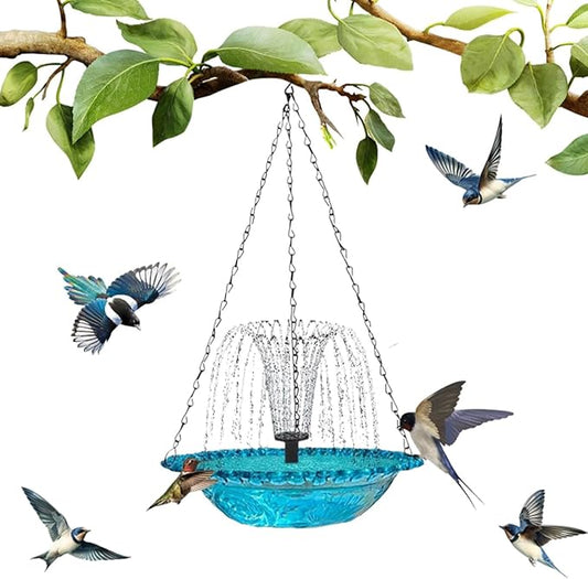 2026 New Solar Cascade Hanging Bird Bath Fountain, Metal Solar Powered Birdbath with Water Pump for Outdoor Garden Decor, Humming Birds Baths Fountains (Blue)
