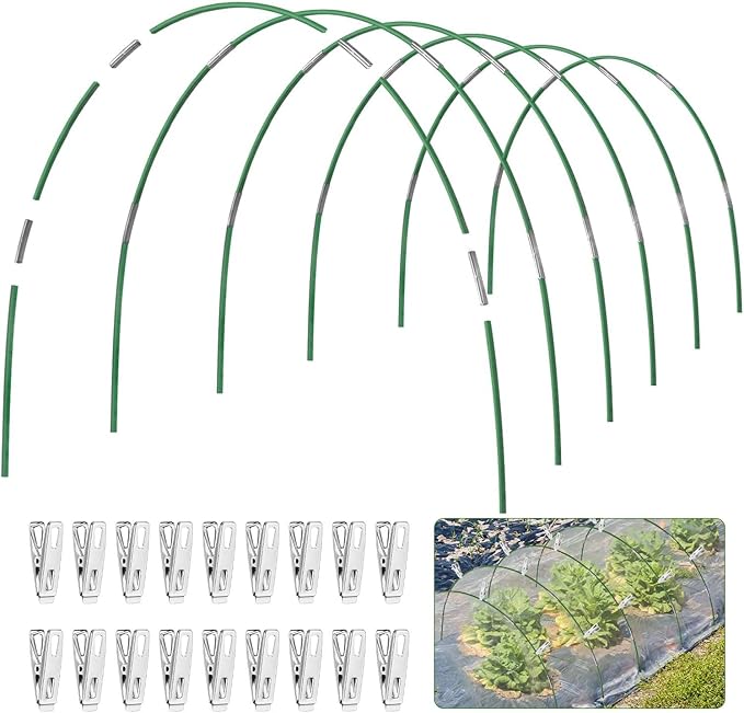 Garden Hoops for Raised Beds, 50pcs 7ft Grow Tunnel Greenhouse Support Hoops Rust-Free Frame for Garden Netting Row Cover Fabric, 10 Set DIY Fiberglass for 3 & 4 Ft Wide, 30pcs Clips